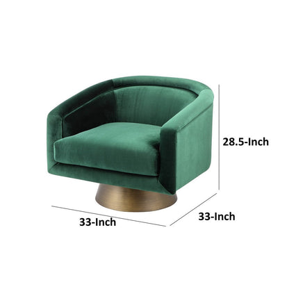 Rxa 33 Inch Swivel Lounge Chair, Barrel Back Padded Green Velvet Upholstery