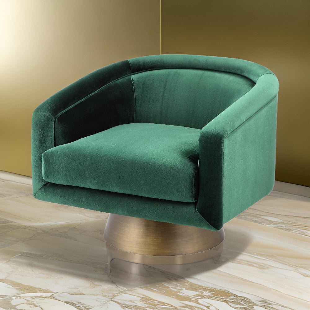 Rxa 33 Inch Swivel Lounge Chair, Barrel Back Padded Green Velvet Upholstery