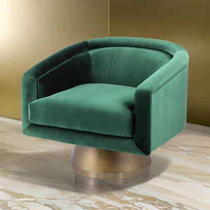 Rxa 33 Inch Swivel Lounge Chair, Barrel Back Padded Green Velvet Upholstery
