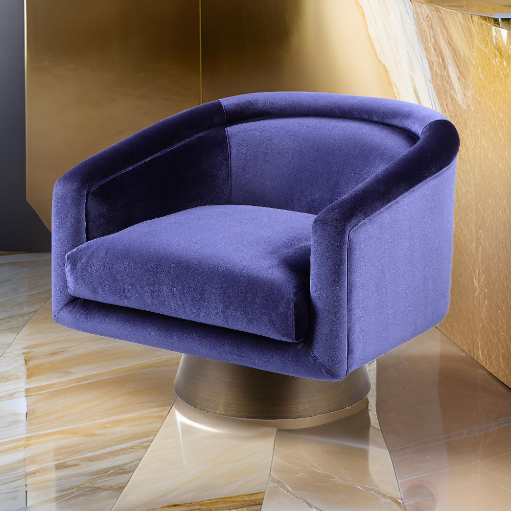 Rxa 33 Inch Swivel Lounge Chair, Barrel Back Padded Blue Velvet Upholstery