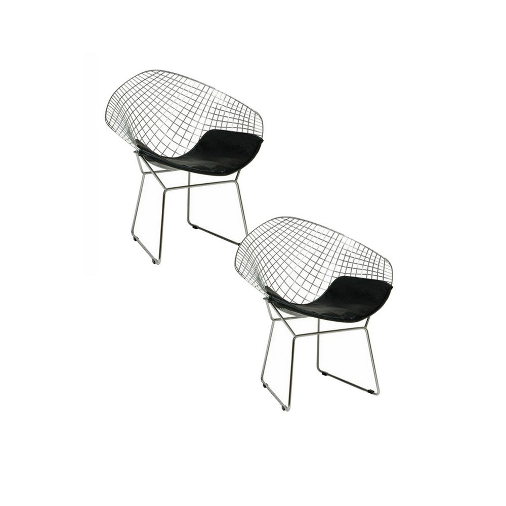 Lexy 33 Inch Accent Chair Set of 2, Black Faux Leather, Chrome Mesh Wire