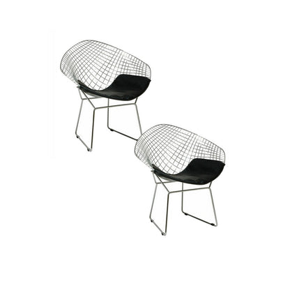 Lexy 33 Inch Accent Chair Set of 2, Black Faux Leather, Chrome Mesh Wire