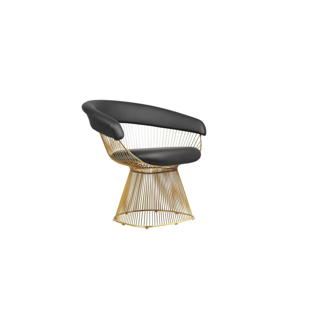 Mimi 27 Inch Accent Armchair, Black Faux Leather, Gold Steel Peacock Base