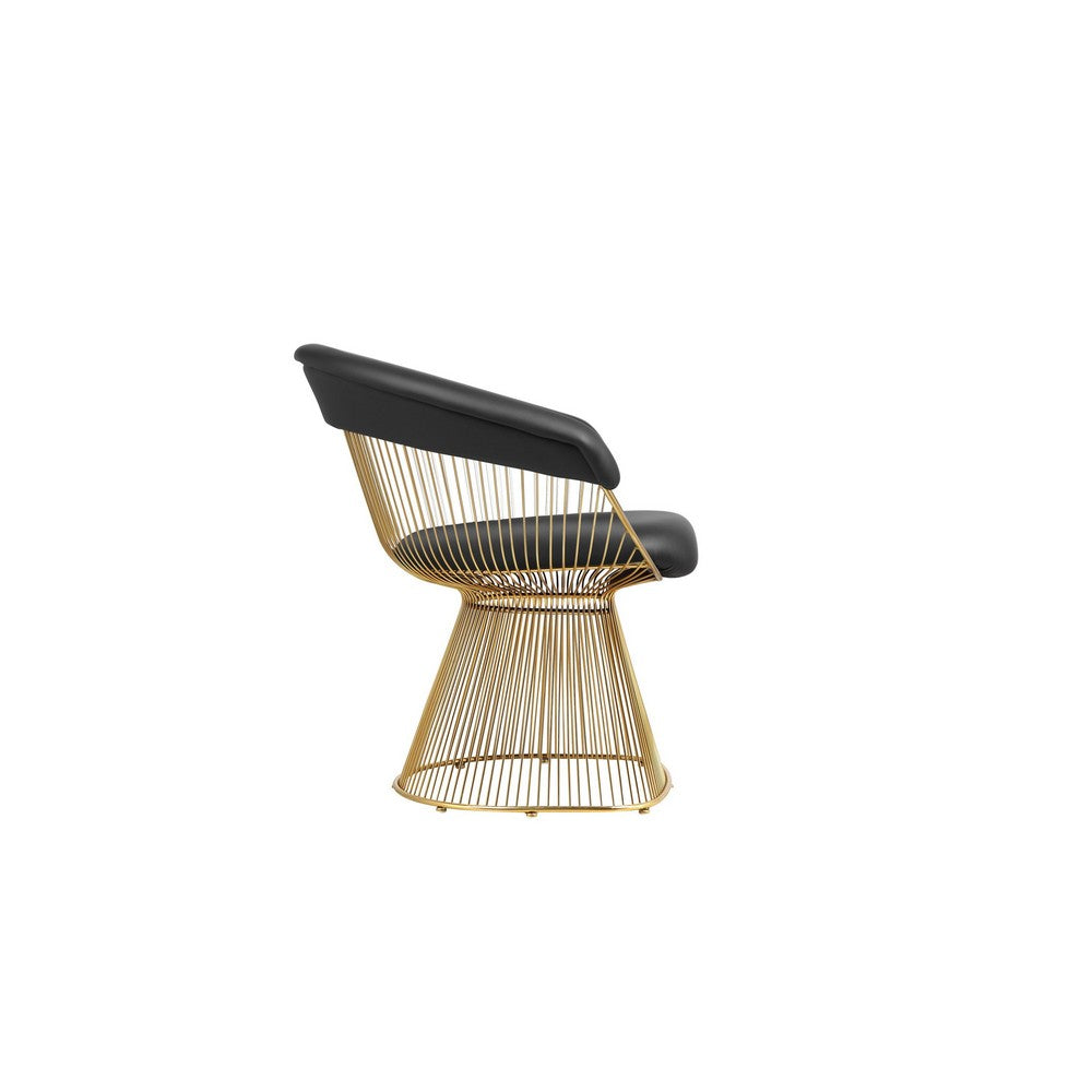 Mimi 27 Inch Accent Armchair, Black Faux Leather, Gold Steel Peacock Base