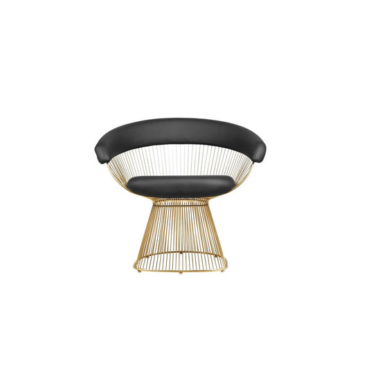 Mimi 27 Inch Accent Armchair, Black Faux Leather, Gold Steel Peacock Base