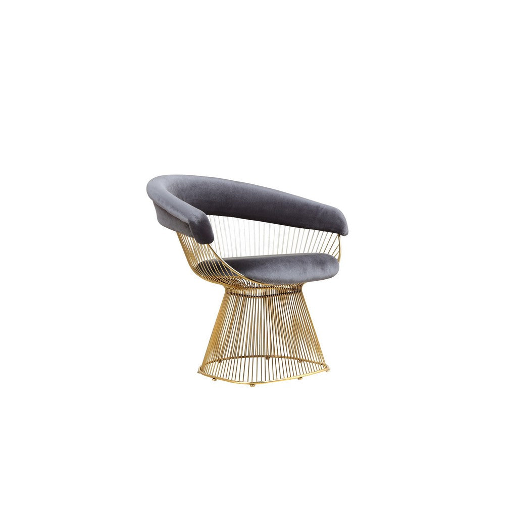 Mimi 27 Inch Accent Armchair, Gray Velvet, Gold Steel Peacock Base