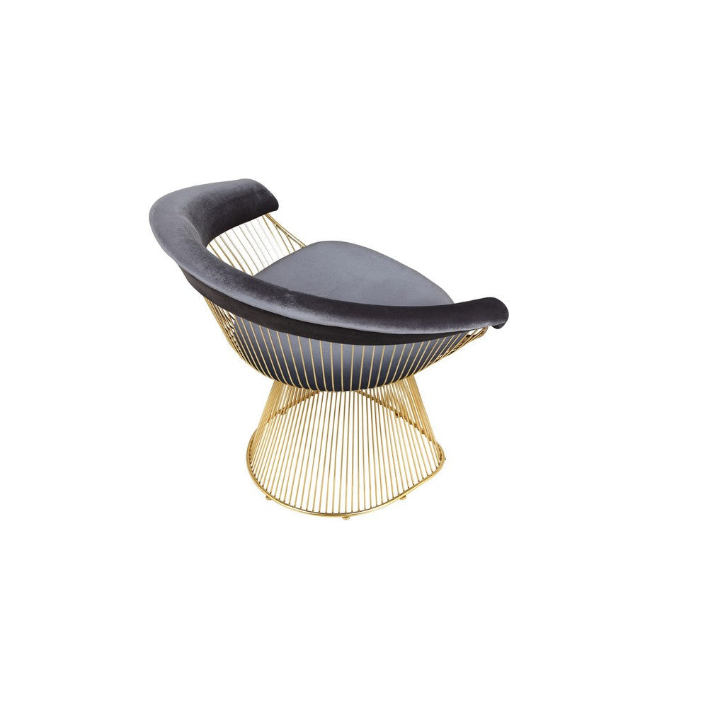 Mimi 27 Inch Accent Armchair, Gray Velvet, Gold Steel Peacock Base
