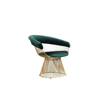 Mimi 27 Inch Accent Armchair, Green Velvet, Gold Steel Peacock Base