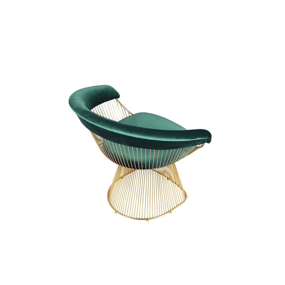 Mimi 27 Inch Accent Armchair, Green Velvet, Gold Steel Peacock Base