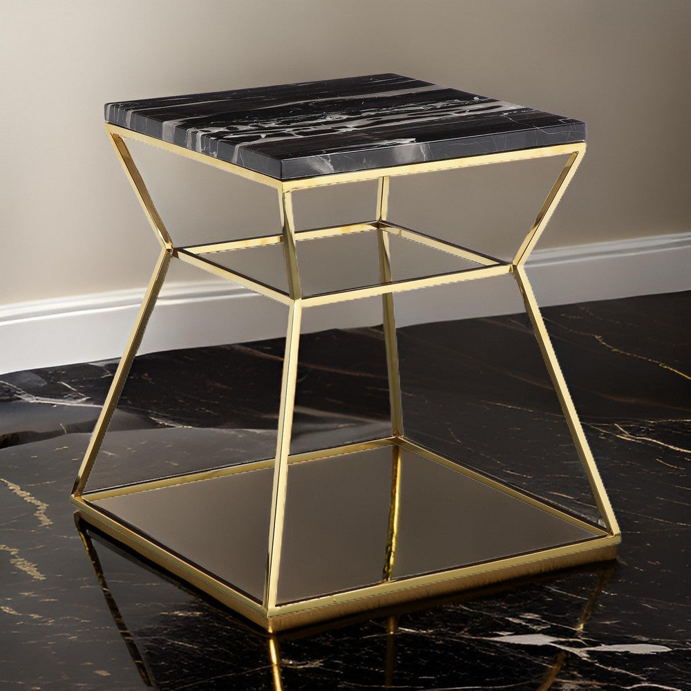 Lio 18 Inch Side End Table, White Marble Top, Silver Open Hourglass Frame