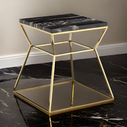 Lio 18 Inch Side End Table, White Marble Top, Silver Open Hourglass Frame
