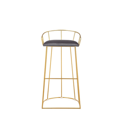 Cato 31 Inch Barstool Chair, Foam, Gray Velvet, Gold Steel Open Frame