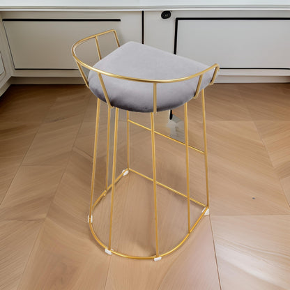 Cato 31 Inch Barstool Chair, Foam, Gray Velvet, Gold Steel Open Frame
