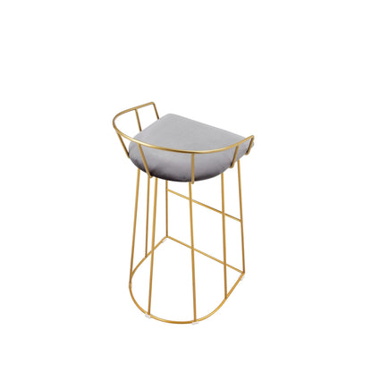 Cato 31 Inch Barstool Chair, Foam, Gray Velvet, Gold Steel Open Frame