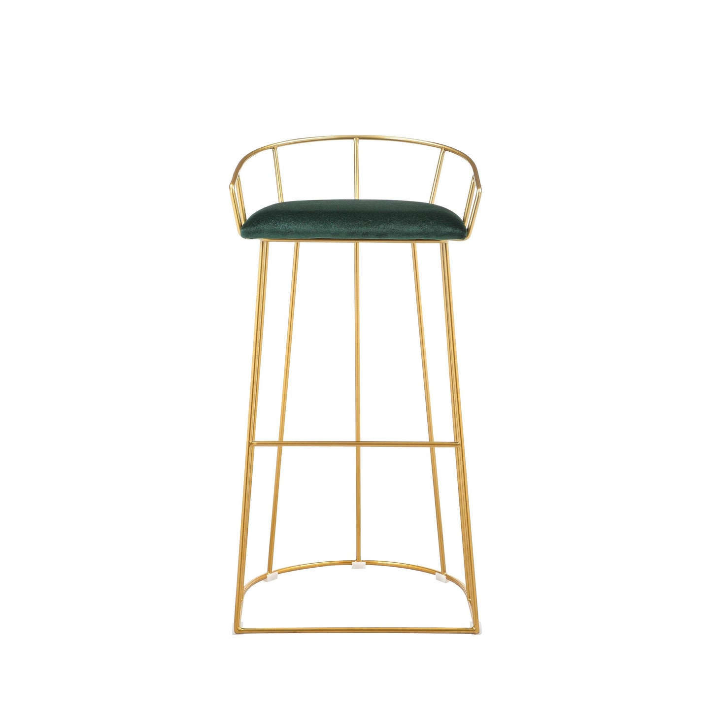Cato 31 Inch Barstool Chair, Foam, Green Velvet, Gold Steel Open Frame
