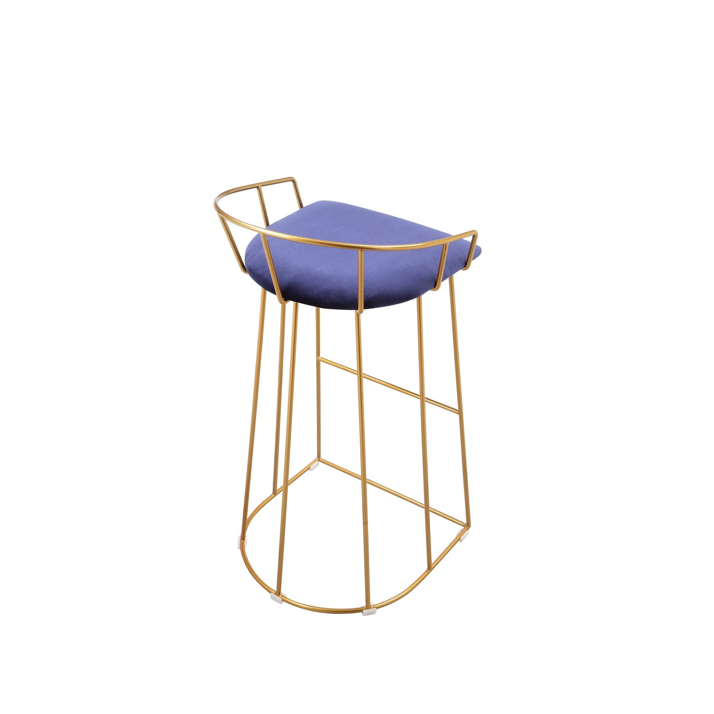 Cato 31 Inch Barstool Chair, Foam, Navy Blue Velvet, Gold Steel Open Frame