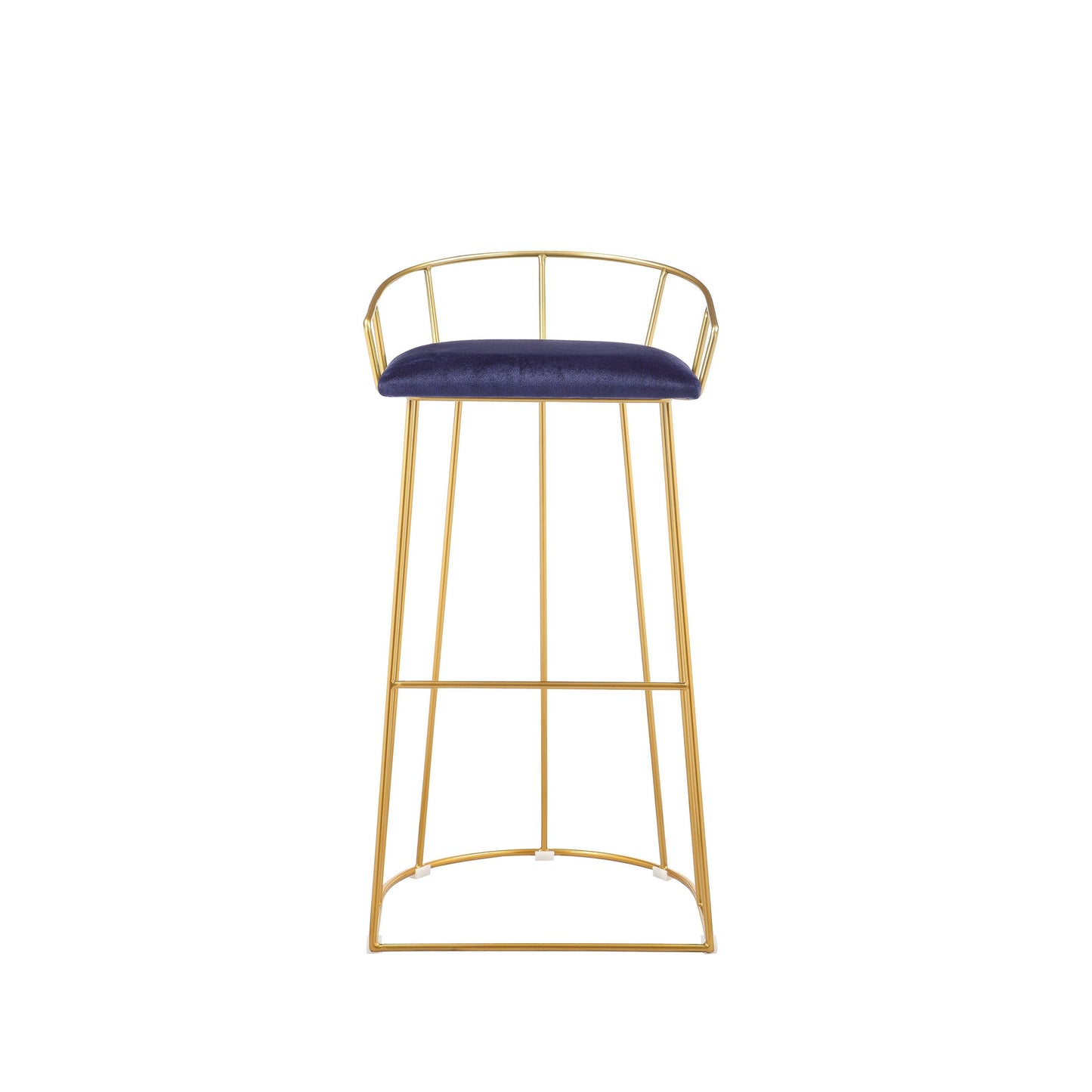Cato 31 Inch Barstool Chair, Foam, Navy Blue Velvet, Gold Steel Open Frame