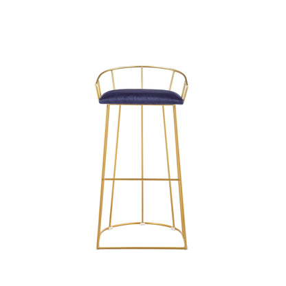 Cato 31 Inch Barstool Chair, Foam, Navy Blue Velvet, Gold Steel Open Frame