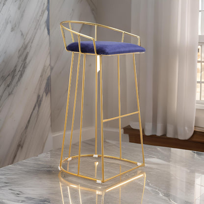 Cato 31 Inch Barstool Chair, Foam, Navy Blue Velvet, Gold Steel Open Frame