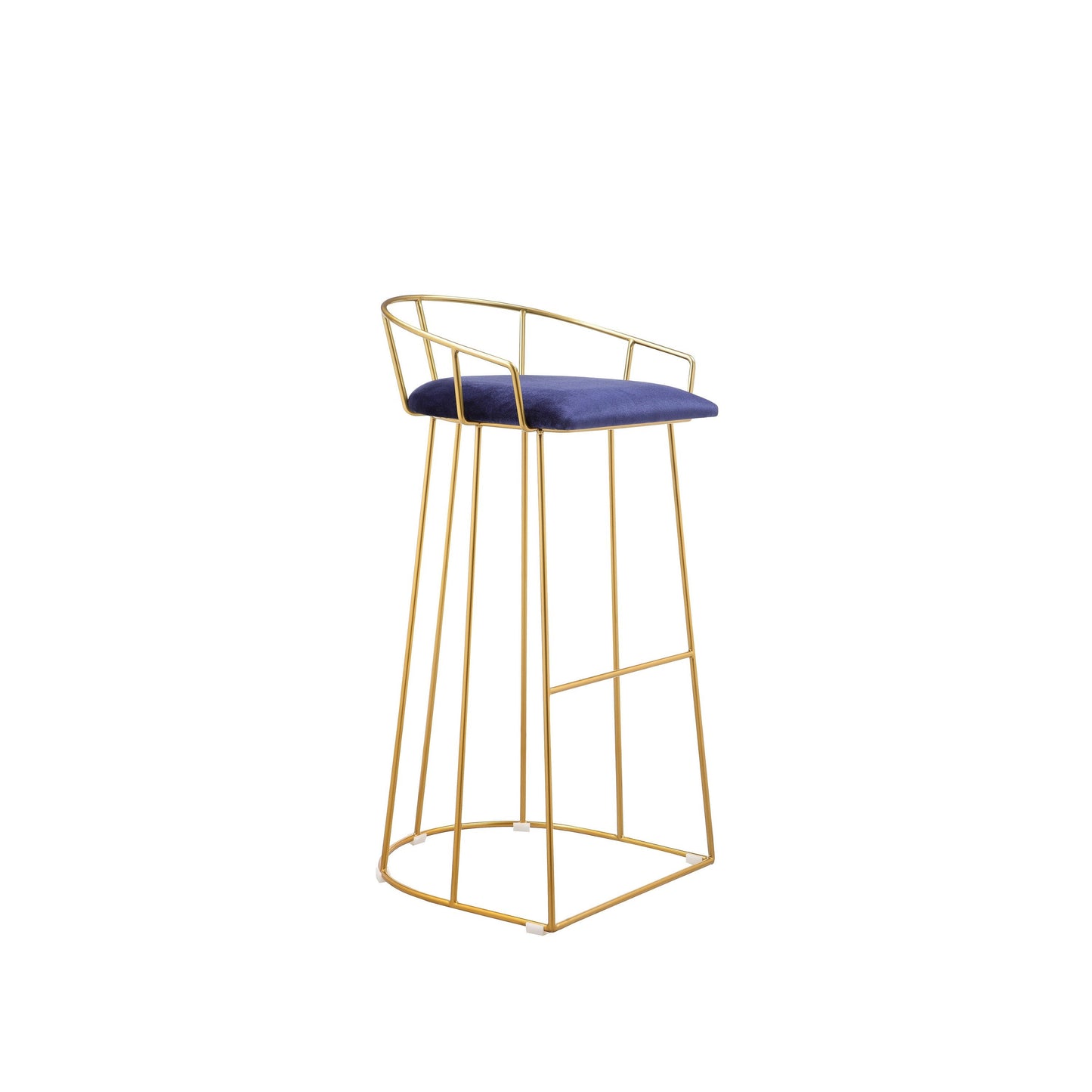 Cato 31 Inch Barstool Chair, Foam, Navy Blue Velvet, Gold Steel Open Frame