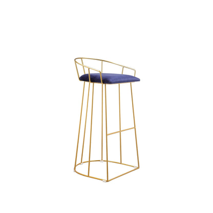 Cato 31 Inch Barstool Chair, Foam, Navy Blue Velvet, Gold Steel Open Frame