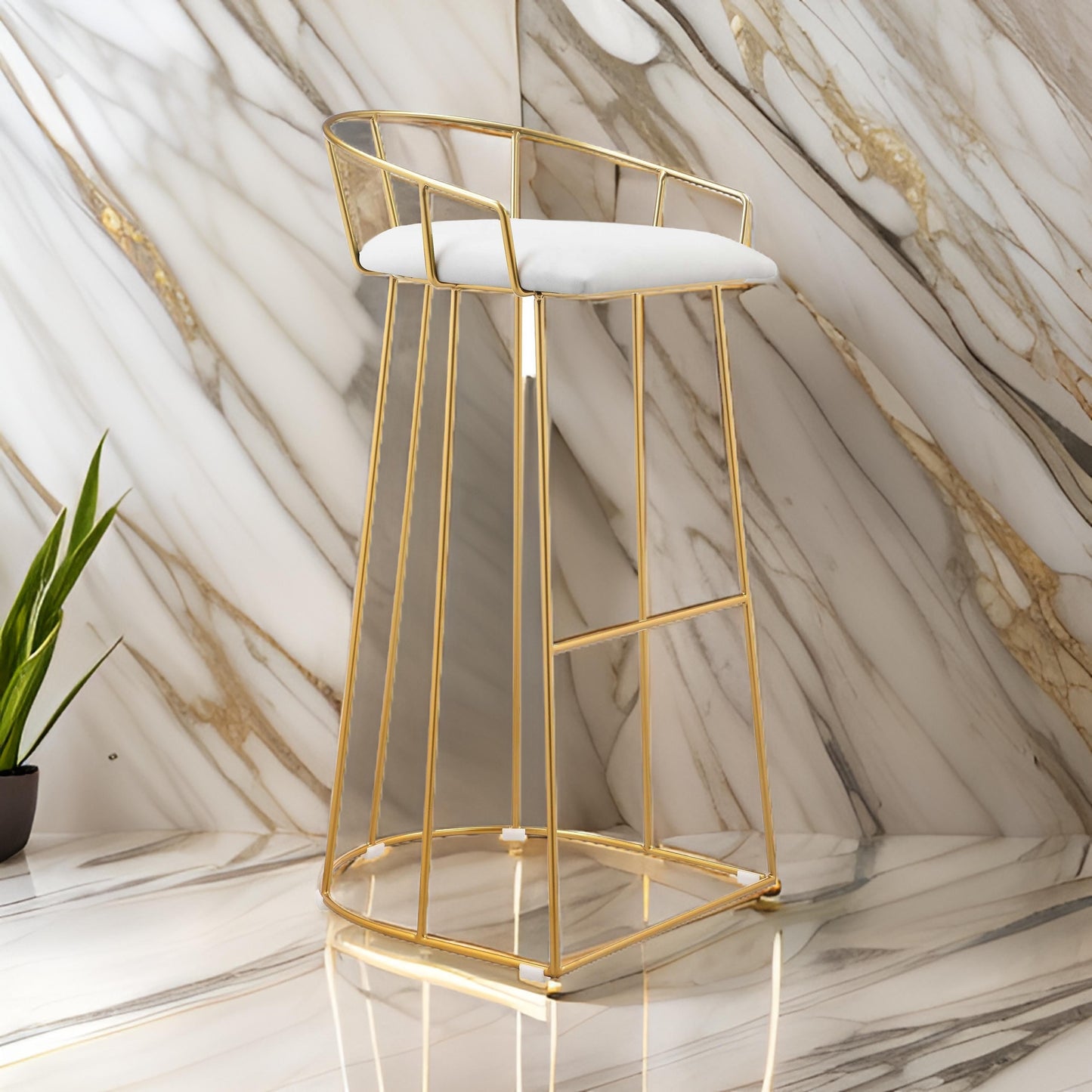 Cato 31 Inch Barstool Chair, White Faux Leather, Gold Open Steel Frame