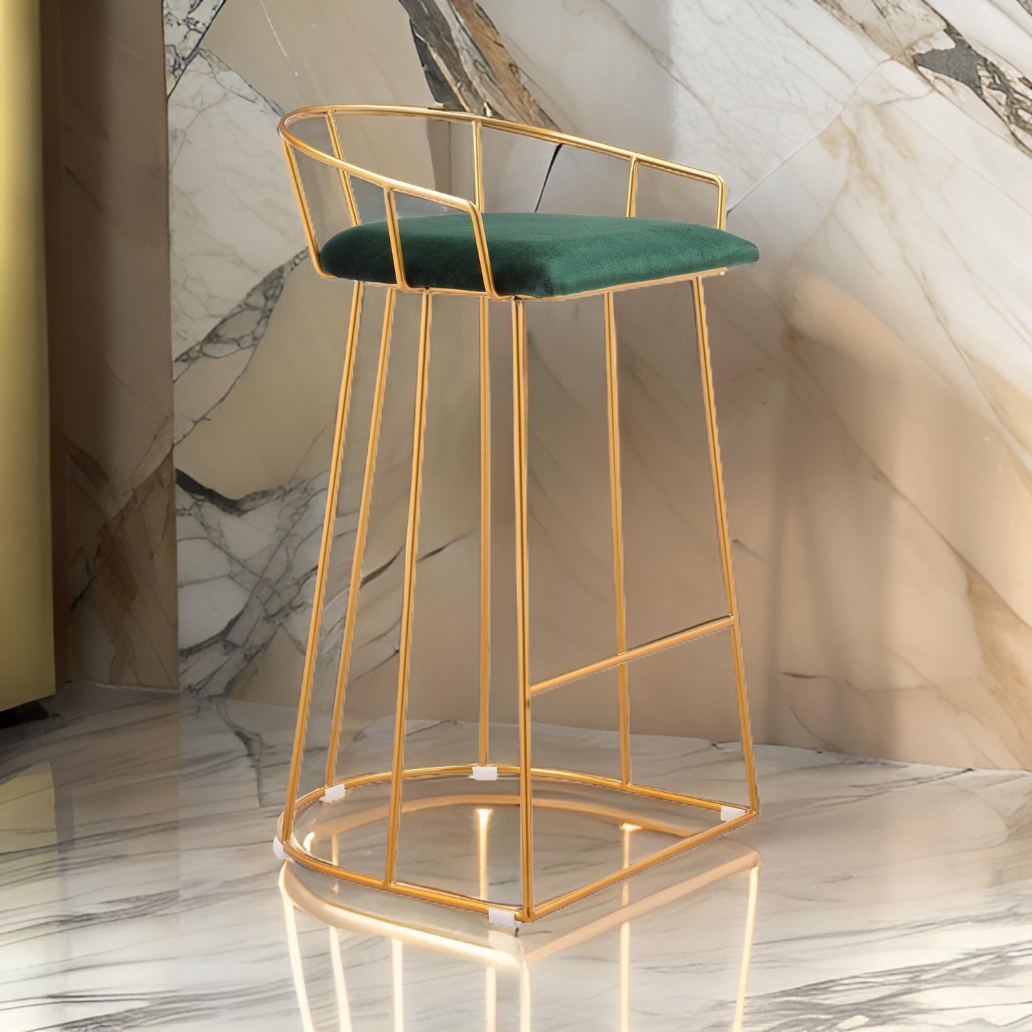 Cato 27 Inch Counter Stool Chair, Green Velvet, Gold Steel Open Metal Frame