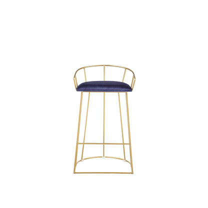 Cato 27 Inch Counter Stool Chair, Blue Velvet, Gold Steel Open Metal Frame