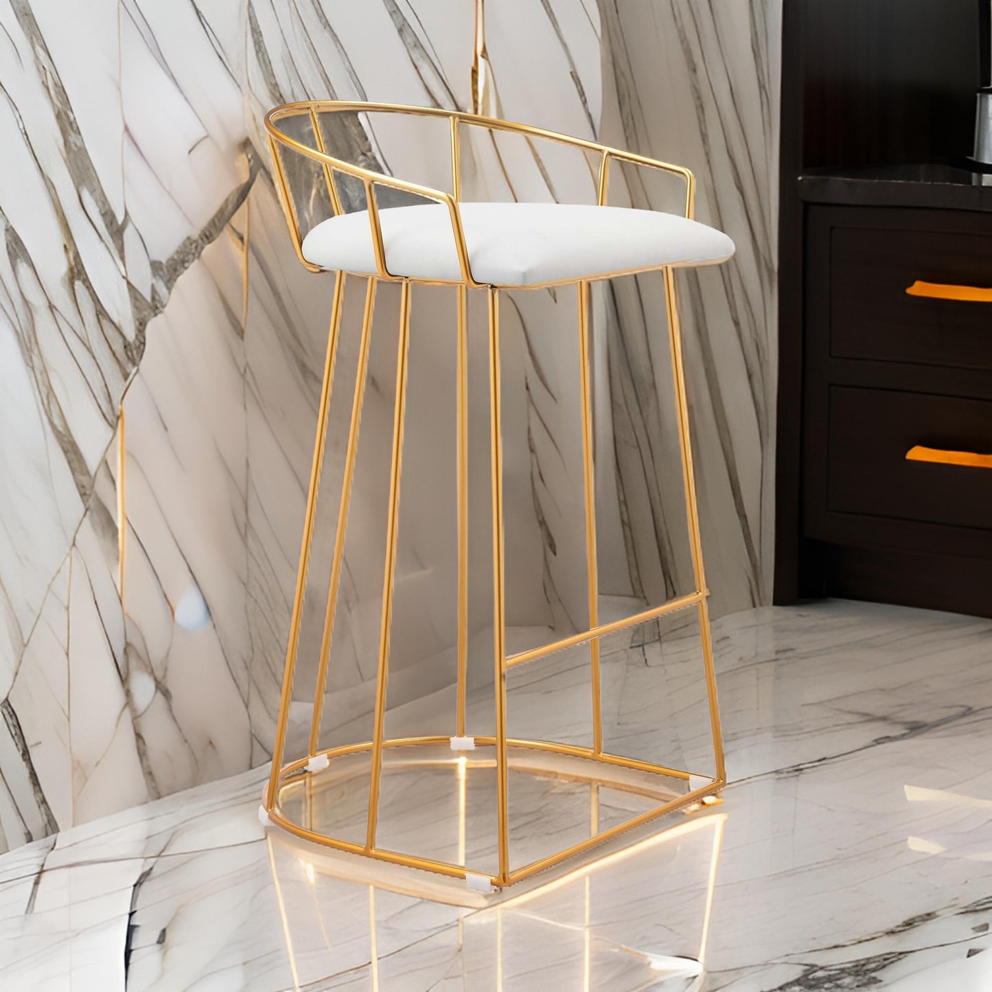 Cato 27 Inch Counter Stool Chair, White Faux Leather, Gold Steel Frame