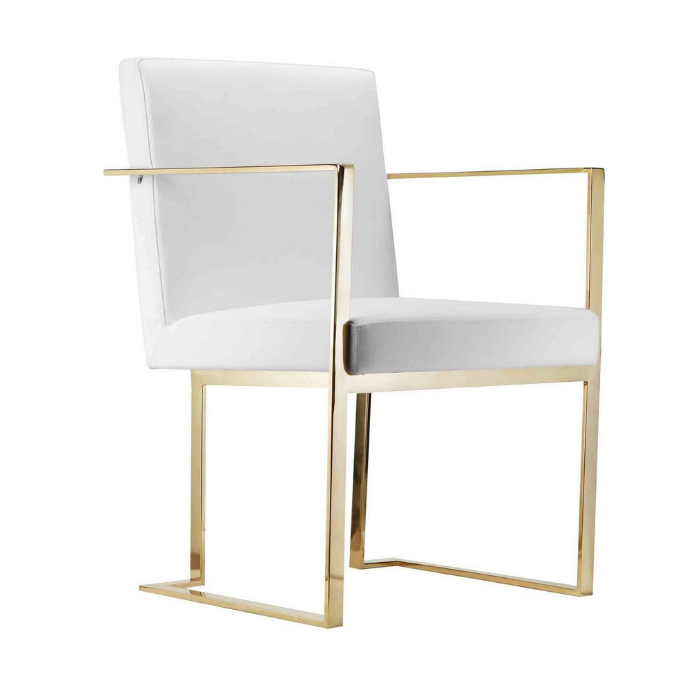 Boly 22 Inch Dining Side Armchair, White Faux Leather, Gold Steel Frame