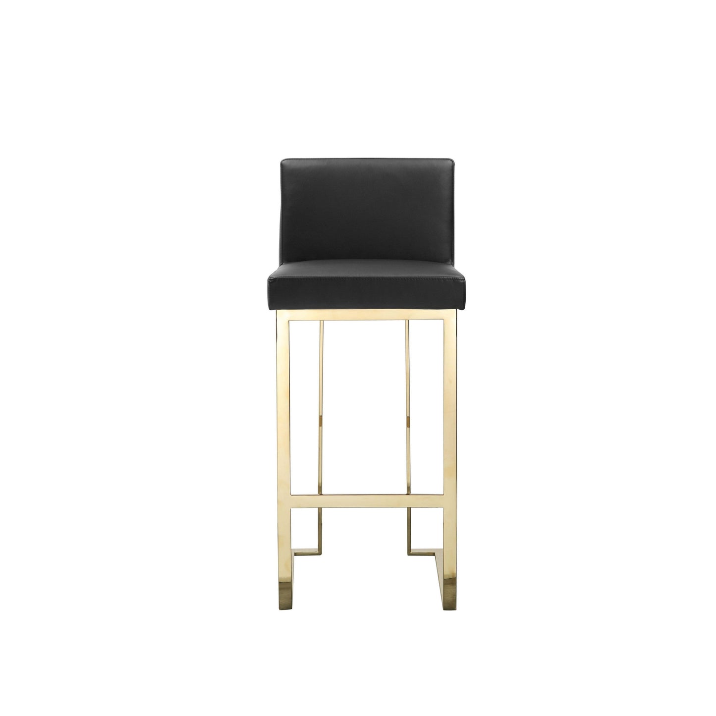 Boly 30 Inch Barstool Chair, Cushioned Black Faux Leather, Gold Cantilever