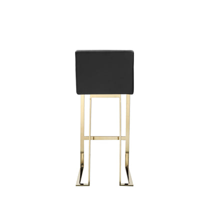 Boly 30 Inch Barstool Chair, Cushioned Black Faux Leather, Gold Cantilever