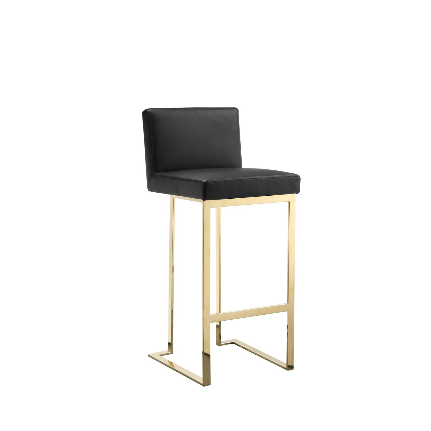 Boly 30 Inch Barstool Chair, Cushioned Black Faux Leather, Gold Cantilever