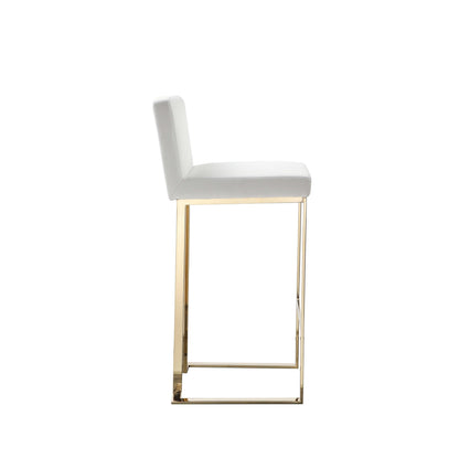 Boly 30 Inch Barstool Chair, Cushioned White Faux Leather, Gold Cantilever