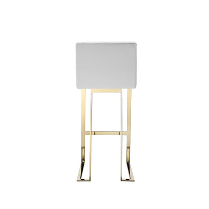 Boly 30 Inch Barstool Chair, Cushioned White Faux Leather, Gold Cantilever