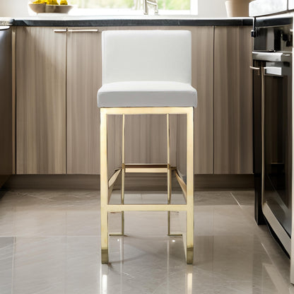 Boly 30 Inch Barstool Chair, Cushioned White Faux Leather, Gold Cantilever