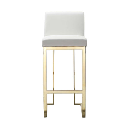 Boly 30 Inch Barstool Chair, Cushioned White Faux Leather, Gold Cantilever