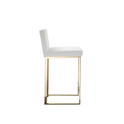 Boly 26 Inch Counter Stool, Cushioned White Faux Leather, Gold Cantilever