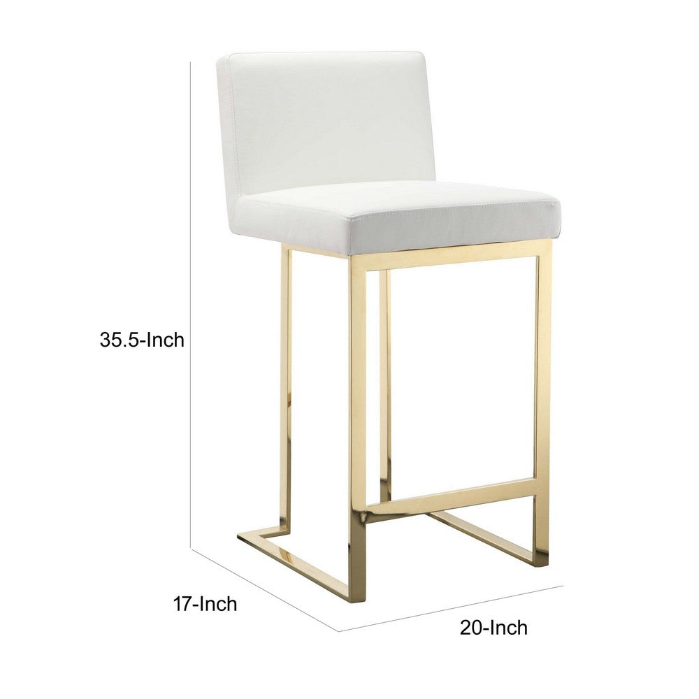 Boly 26 Inch Counter Stool, Cushioned White Faux Leather, Gold Cantilever