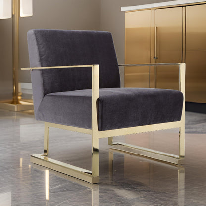 Boly 28 Inch Lounge Chair, Gray Velvet Upholstery, Gold Steel Frame