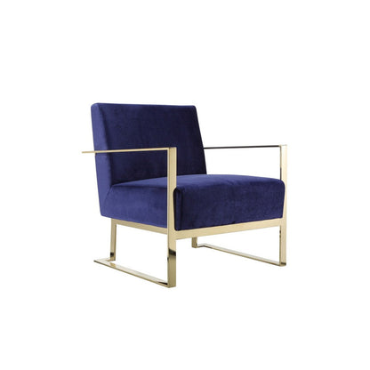 Boly 28 Inch Lounge Chair, Navy Blue Velvet Upholstery, Gold Steel Frame