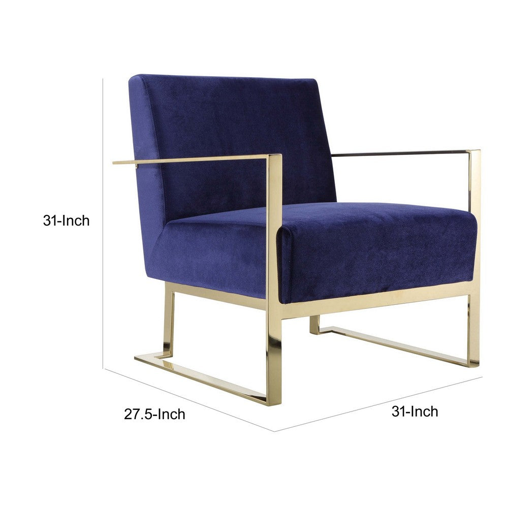 Boly 28 Inch Lounge Chair, Navy Blue Velvet Upholstery, Gold Steel Frame