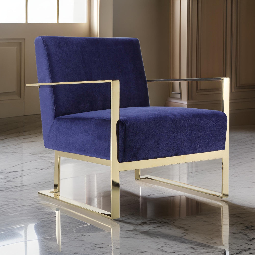 Boly 28 Inch Lounge Chair, Navy Blue Velvet Upholstery, Gold Steel Frame