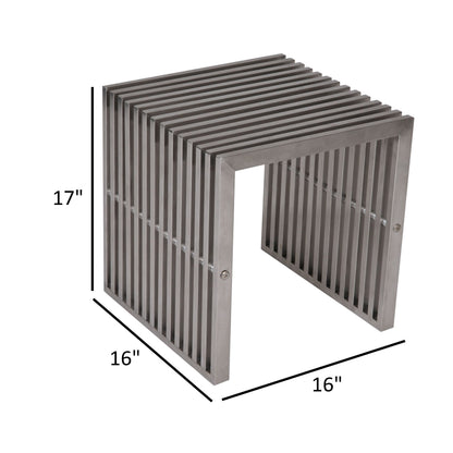 Meza 17 Inch Accent Stool, Waterfall Silver Slatted Panel Frame