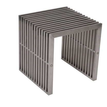 Meza 17 Inch Accent Stool, Waterfall Silver Slatted Panel Frame
