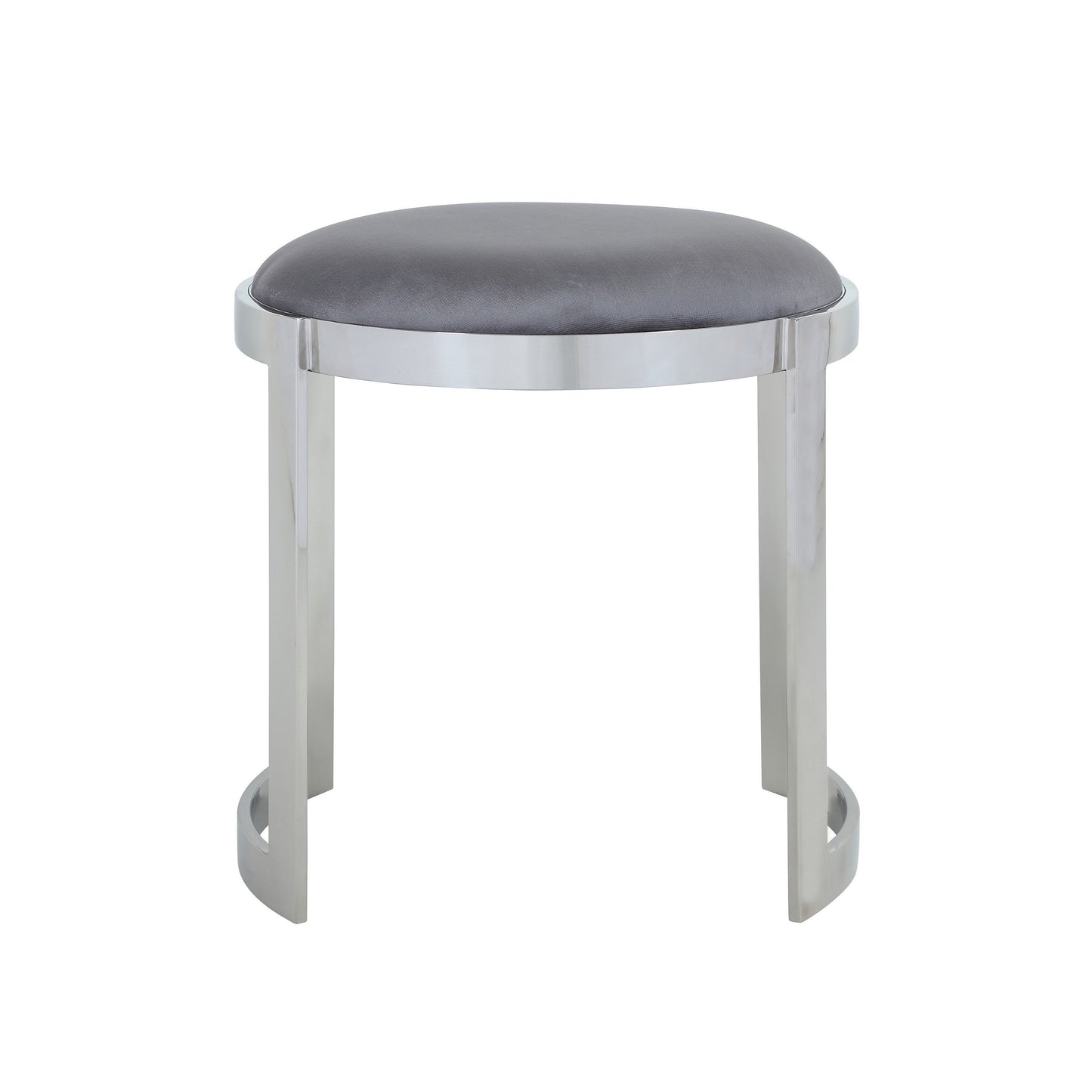 Niyo 19 Inch Accent Stool, Cushioned Gray Velvet Seat, Silver Metal Frame