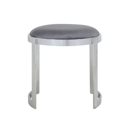 Niyo 19 Inch Accent Stool, Cushioned Gray Velvet Seat, Silver Metal Frame