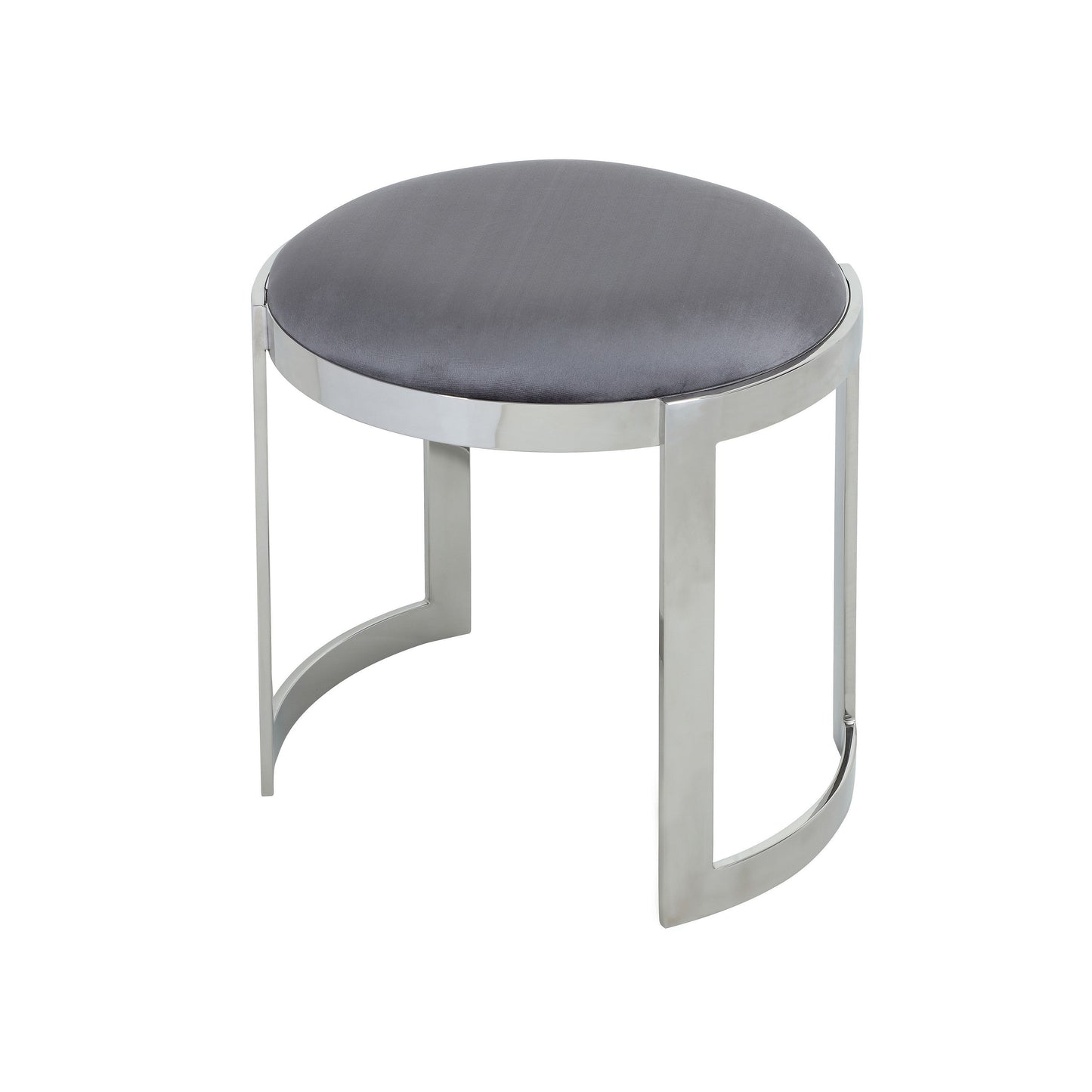 Niyo 19 Inch Accent Stool, Cushioned Gray Velvet Seat, Silver Metal Frame