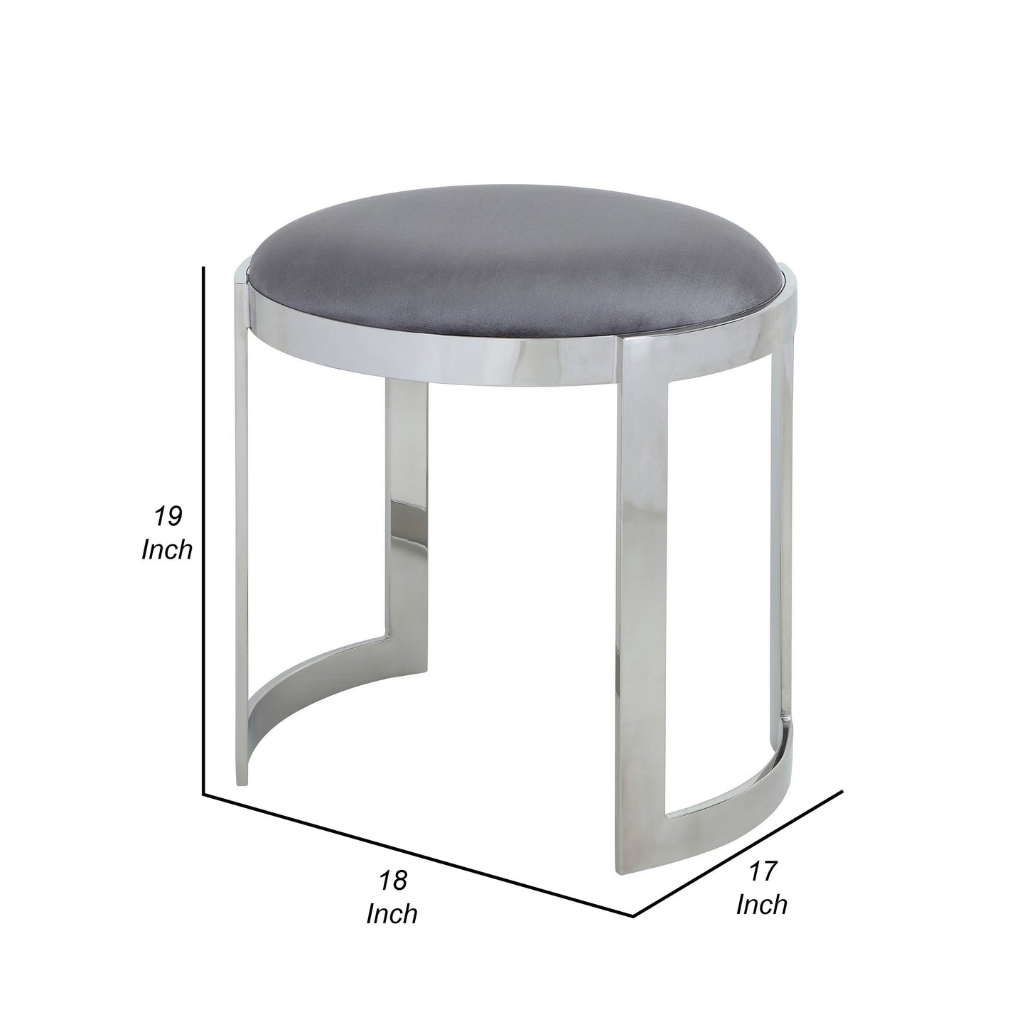 Niyo 19 Inch Accent Stool, Cushioned Gray Velvet Seat, Silver Metal Frame