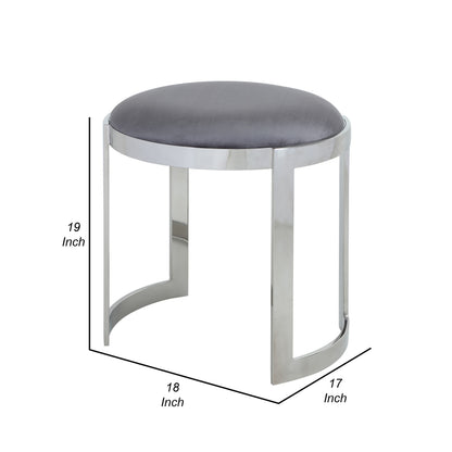 Niyo 19 Inch Accent Stool, Cushioned Gray Velvet Seat, Silver Metal Frame